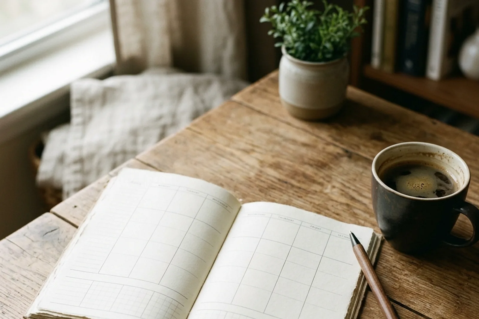 An open weekly paper planner with a pen and a cup of coffee on a wooden desk in soft daylight.